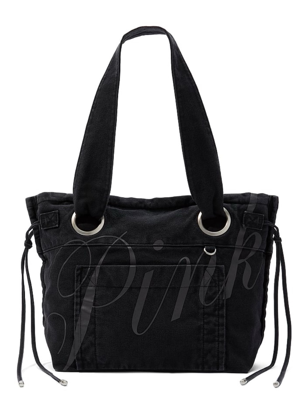 VS PINK Canvas Flat Bottom Tote Bag Purse Black Logo Viral Handbag